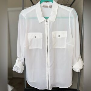Sheer white front zip top with cuffed sleeves chicos size 1